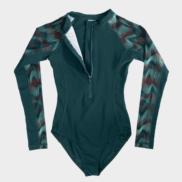 Daphne Long Sleeve One Piece Swimsuit - Deep Teal - Front
