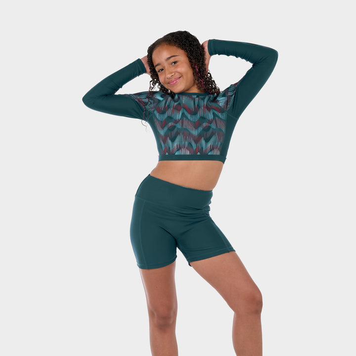 Isla Long Sleeve Cropped Rashguard - Teal Aurora - Merchandised