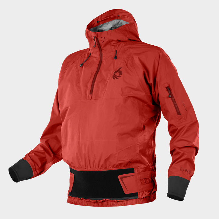 Red jacket with black accents on a light gray background